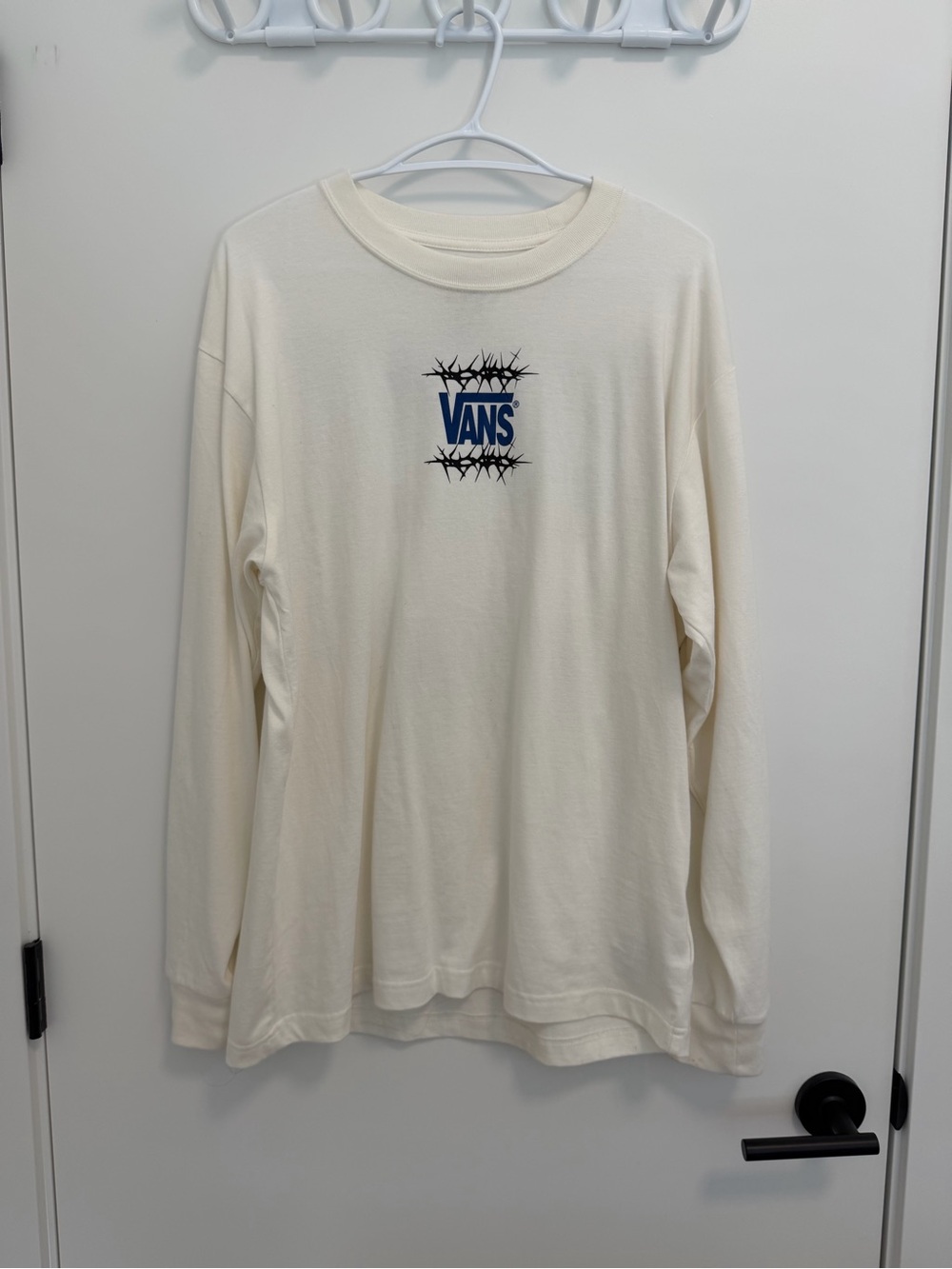 Vans Men’s Cream Long-Sleeve Tee with Blue Logo